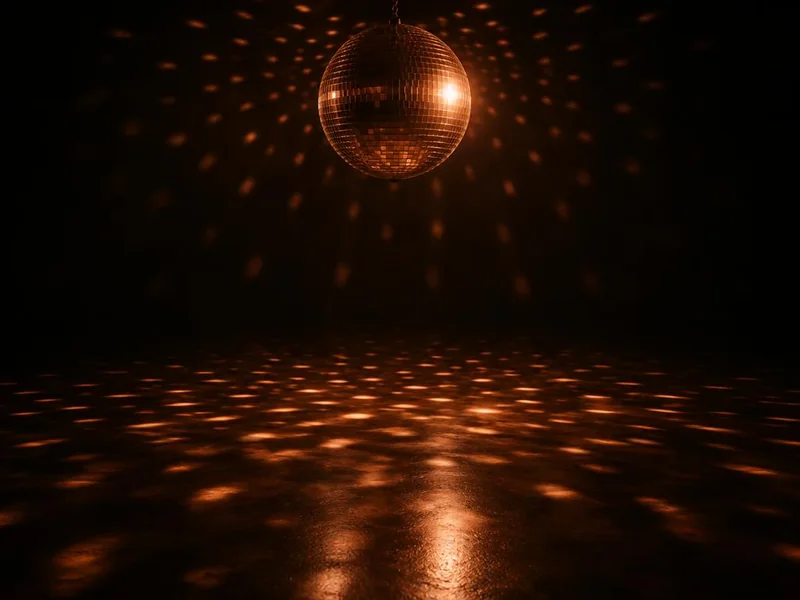 A mirror ball casting copper light across an empty dance floor