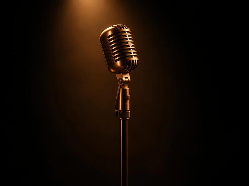 A vintage microphone on a stand in a single copper spotlight
