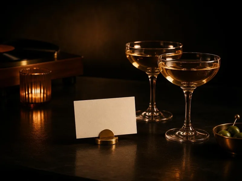 A low table with a blank reserved card and two coupe glasses