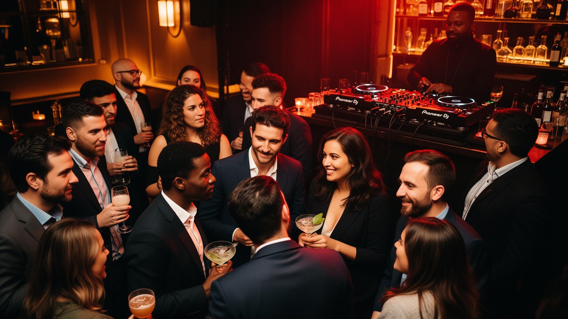 Senior decision-makers in conversation at a music-led evening, DJ visible in background